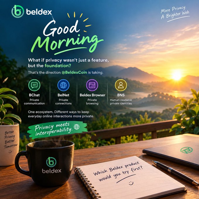 A promotional graphic for Beldex featuring a sunrise landscape, a coffee mug, and a notebook asking 'Which Beldex product would you try first?' alongside product highlights like BChat, BelNet, Beldex Browser, and BNS.