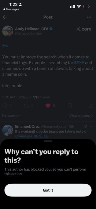 A screenshot of a tweet from Andy Heilman (@imapedestrian) complaining about X's financial tag search, with a "Why can't you reply to this?" message indicating the user has been blocked, contextualized by a post suggesting flooding the blocked user with $ICP community and @Windoge98exe memes.