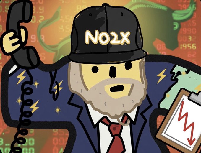 Cartoon mascot of a bearded man in a suit and tie wearing a black cap labeled 'NO2X,' holding an old telephone receiver with a stock market chart showing a downward red arrow in the background.