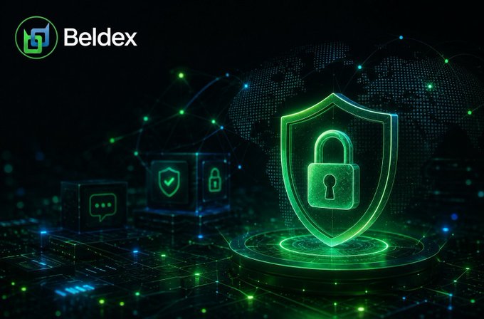 The image features the Beldex logo alongside a glowing green shield with a padlock, set against a digital network background with interconnected icons representing privacy, security, and communication—visually reinforcing the post's point that Beldex's tools (BChat, BelNet, BNS, browser, wallet, EVM) are converging into an integrated privacy ecosystem rather than a standalone privacy coin.