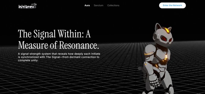 The image shows a promotional webpage for "initiates," featuring a sleek robotic figure with glowing orange accents against a dark grid background, alongside the headline "The Signal Within: A Measure of Resonance" and a description about a signal-strength system that measures Initiate synchronization. The page includes navigation links to "Aura," "Sanctum," and "Collections," along with an "Enter the Network" button, promoting the live launch of theinitiates.xyz website.