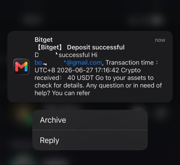 A smartphone notification from Bitget shows a successful deposit of 40 USDT to the address "bo****@gmail.com" on June 27, 2026, with options to Archive or Reply. The image humorously illustrates the post's joke about sending USDT to a loved one, depicting an actual crypto transfer notification as a playful "gift."