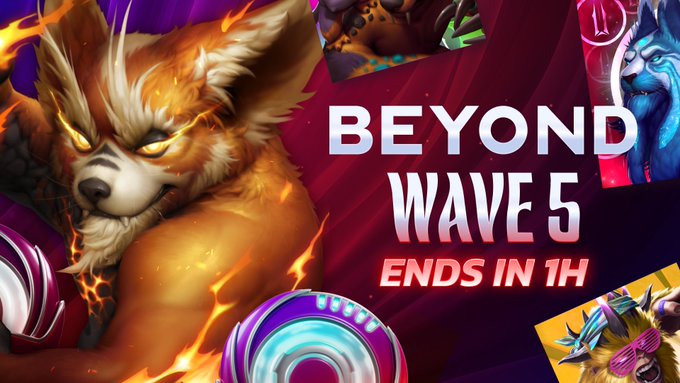 The image features a poster for an online game called "Beyond Wave 5". The poster includes a cartoon dog with orange fur, which appears to be the main character of the game. The background of the poster has purple and red colors, creating a visually striking contrast against the white text that reads "BEYOND WAVE 5 Ends in 1 HOUR (6 PM UTC). Set One closes permanently." This suggests that the game ends at 6 PM, and there is no way to recover or progress further. The focus of the image is on the cartoon dog and its surroundings, with a clear message about the game's ending time.