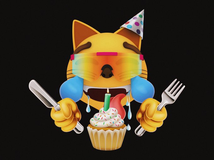 A 3D-rendered cartoon cat wearing sunglasses, a party hat, and boxing gloves, crying tears of joy while holding a knife and fork over a cupcake with a candle.