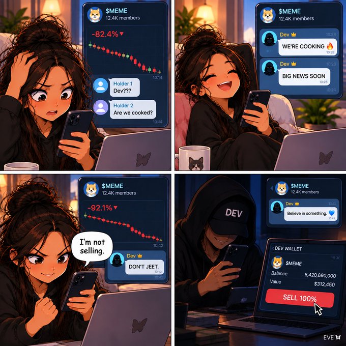 A four-panel AI-generated comic depicting a meme coin ($MEME) community drama where holders panic over an 82-92% price crash, the developer reassures them with 'WE'RE COOKING' and 'DON'T JEET' messages, then secretly sells 100% of the dev wallet.