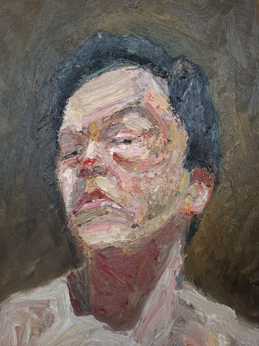 An expressive oil painting portrait of a face rendered in thick, impasto brushstrokes with muted pink, white, and gray tones against a dark background.