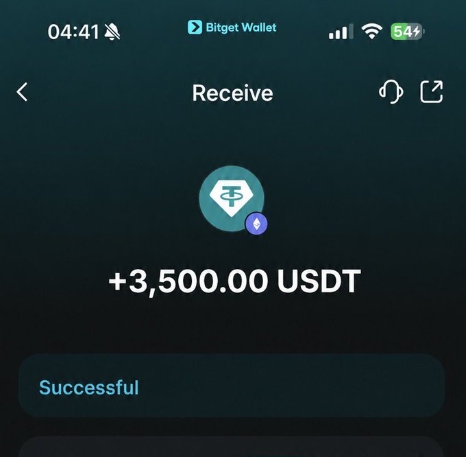 A Bitget Wallet screenshot showing a successful receive transaction of +3,500.00 USDT with the Tether logo displayed.