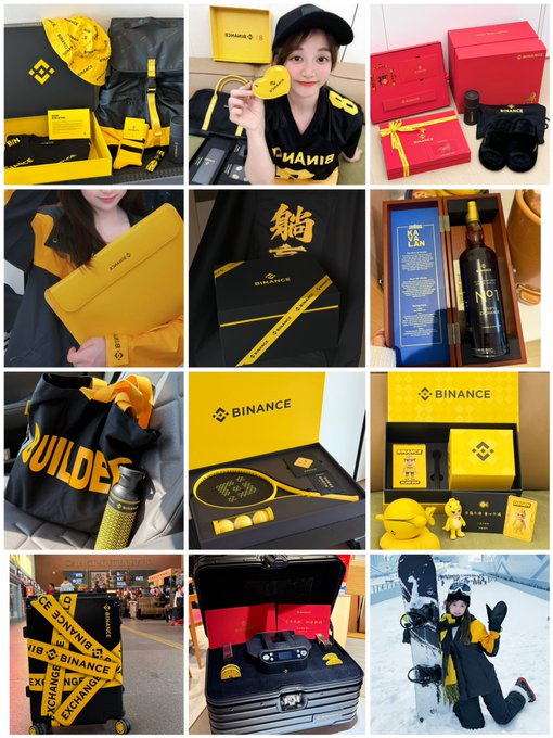 Grid of 12 photos showcasing Binance cryptocurrency merchandise, including branded boxes, bottles, plush toys, scarves, and a person in winter gear.