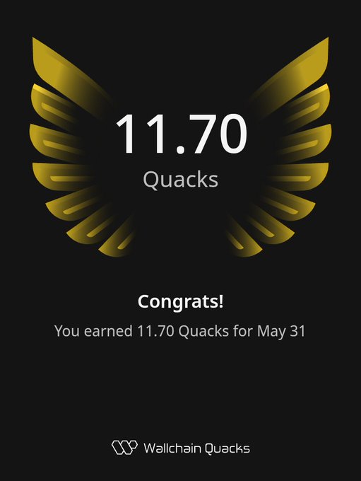 The image shows an award for mastering Quacking which is related to Bitcoin trading or Crypto Quackery. The award has a gold logo with a yellow bird's wing design. In the background of the image, there are numbers displayed that represent Quacks earned on May 31.
