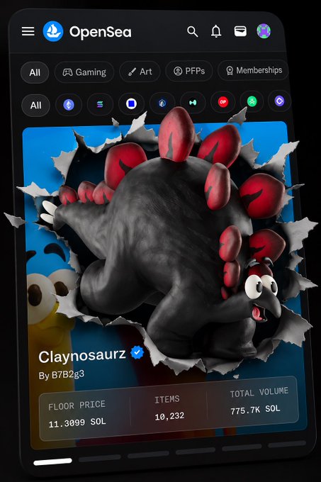 A screenshot of the OpenSea mobile app showing the 'Claynosaurz' NFT collection by B782g3, with a floor price of 11.3099 SOL, 10,232 items, and a total volume of 775.7K SOL.
