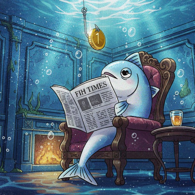 The image features a cartoon fish sitting comfortably in an armchair, reading a newspaper while surrounded by bubbles. The scene takes place in a room with a fireplace nearby, creating a cozy atmosphere. The fish appears to be enjoying its time indoors as it reads the paper and floats on top of the water.