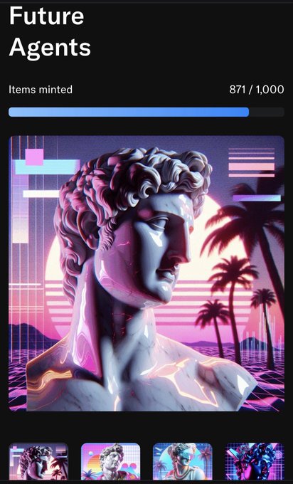 A mobile screen showing an NFT collection titled "Future Agents" with 871/1,000 items minted, featuring a prominent AI-generated classical bust in a vaporwave style.