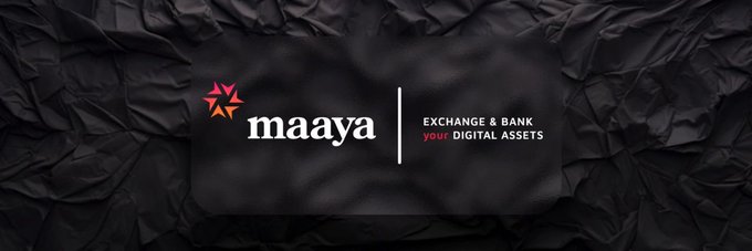 A logo for "maaya" featuring a red star icon, with the tagline "EXCHANGE & BANK your DIGITAL ASSETS" set against a dark, crumpled paper texture background.
