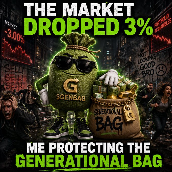A meme graphic showing a cartoon money bag character wearing sunglasses with the text 'THE MARKET DROPPED 3%' at the top and 'ME PROTECTING THE GENERATIONAL BAG' at the bottom.