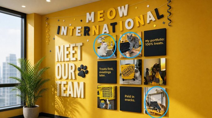 Office wall display titled 'MEOW INTERNATIONAL' with 'MEET OUR TEAM' in large letters, featuring cat photos and humorous text like 'My portfolio: 100% treats.' and 'Paid in snacks.'