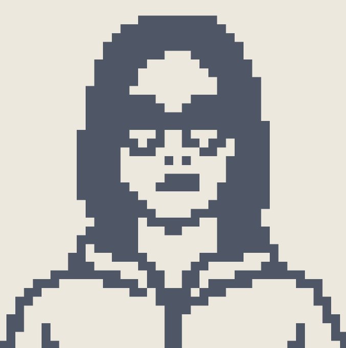 A pixel art portrait of a hooded skeletal figure with a bony face and a cross-like marking on its forehead, rendered in navy blue and cream tones.