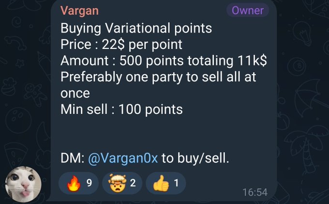 The image shows a Discord message from user "Vargan" (marked as Owner) advertising the purchase of 500 Variational points at $22 per point, totaling 11k$, with a minimum of 100 points, asking interested parties to DM @Vargan0x. The post celebrates reaching $40M volume on @variational_io with a goal of hitting $100M, tying into the user's active trading of Variational points shown in the advertisement.