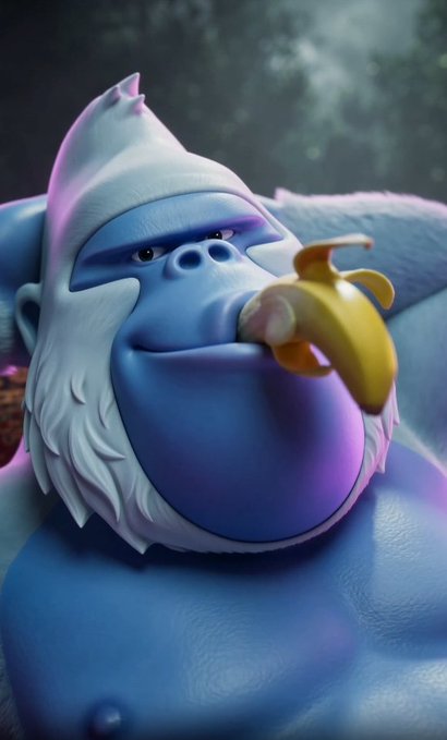 A muscular blue gorilla with white fur eats a banana, staring intently into the distance. The image humorously pairs with the post "We need to go deeper," playing on the gorilla's contemplative, determined expression as if preparing for a deeper journey or exploration.