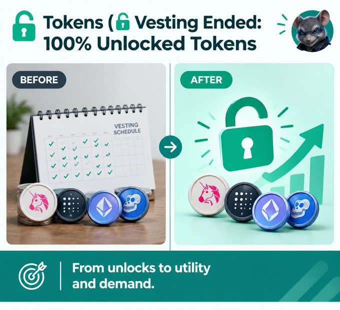 An infographic titled 'Tokens (🔒 Vesting Ended: 100% Unlocked Tokens)' showing a 'Before' image of a vesting schedule calendar and an 'After' image of an open padlock with an arrow trending up, with the tagline 'From unlocks to utility and demand.'