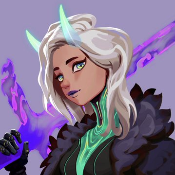 An anime-style illustration of a character with long white hair, blue horns, and a dark feathered outfit, surrounded by purple energy.