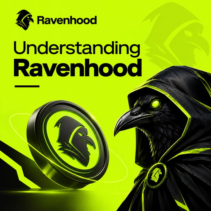 A green promotional graphic for 'Ravenhood' features a hooded raven character alongside a green coin bearing the raven logo, with the text 'Understanding Ravenhood'.