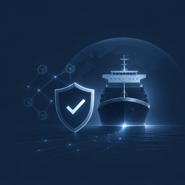A stylized blue-toned illustration of a cargo ship with a glowing shield and checkmark icon in front of it, alongside connected network cube icons, set against a backdrop of a globe over the ocean.
