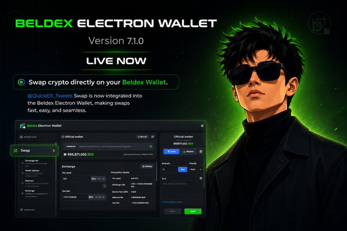 A promotional graphic for the 'BELDEX ELECTRON WALLET Version 7.1.0', announcing a new swap feature for crypto tokens, featuring an anime-style character wearing sunglasses against a green background.