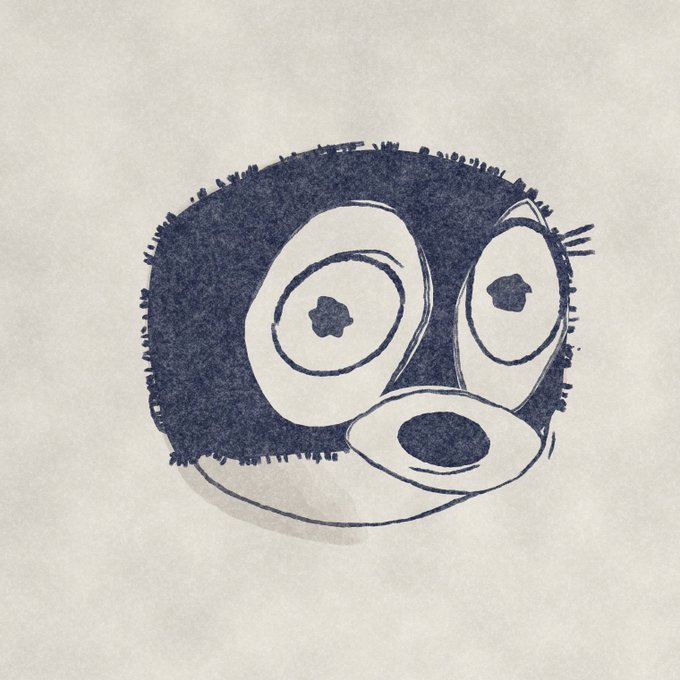 A simple, hand-drawn illustration of a round, fuzzy black character with large wide eyes and an open mouth on a textured beige background.