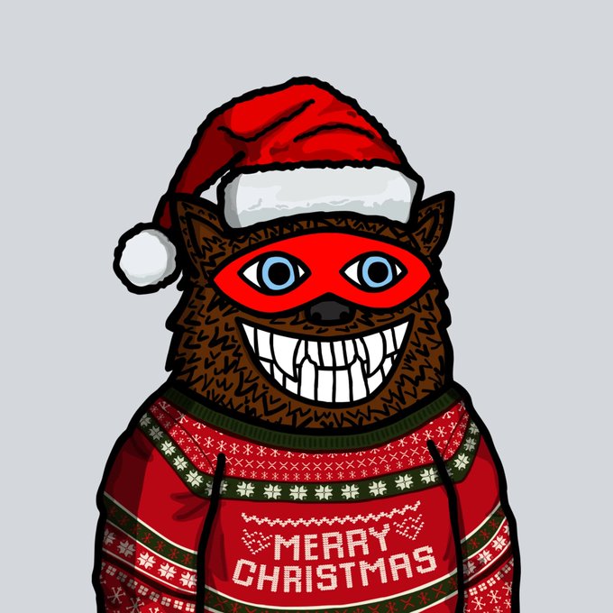 The image shows a cartoon furry brown creature wearing a red Santa hat, a red domino mask, and a red Christmas sweater that reads "MERRY CHRISTMAS." It serves as a festive holiday-themed visual for the $FUZZY NFT collection on the XRPL, as referenced in the accompanying post by @fuzzy_xrp.