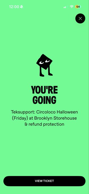 A mobile phone screen displaying a bright green Ticketmaster 'You're Going' page for the Circoloco Halloween event at Brooklyn Storehouse.