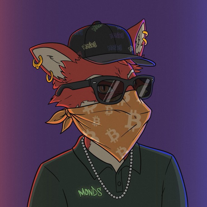 An anthropomorphic fox wears a black cap and orange Bitcoin-patterned bandana covering its face, paired with black sunglasses and a pearl necklace, with the text "NONDS" visible on the cap and shirt. The character embodies the "gm NFTs" post by blending classic crypto culture elements—Bitcoin motifs and streetwear aesthetics—into a stylized Web3 avatar mascot.