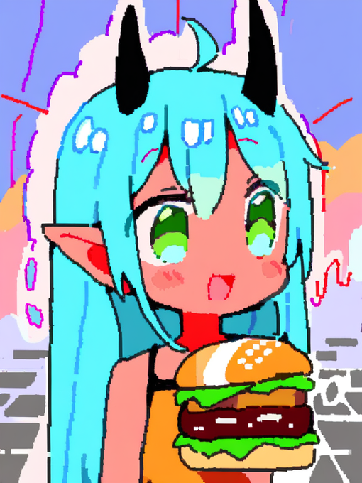 A pixel art illustration depicts a cyan-haired, horned anime character with green eyes happily holding a large hamburger, paired with an NFT sale announcement for "Yumemono #3767" that sold for Ξ0.0155. The cheerful character enjoying food complements the celebratory tone of a successful transaction.