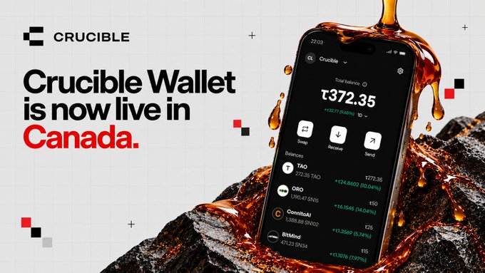 An advertisement banner reads 'Crucible Wallet is now live in Canada' alongside an image of a smartphone displaying a cryptocurrency balance of τ372.35 with various tokens listed.