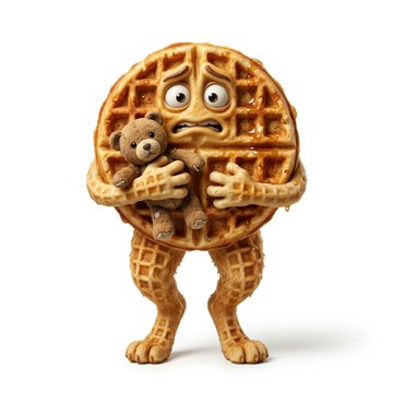 A sad waffle character with a teddy bear clutches tightly to its chest, having just been given a "rebuild" from a Brainrot Project NFT to improve its legs. The image illustrates the post's point about using the rebuild feature to enhance less desirable traits of the NFT.