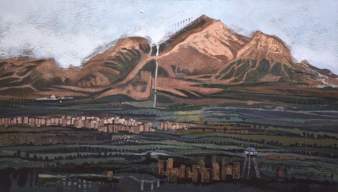 A mixed-media acrylic landscape painting on board showing a desert scene with reddish-brown mountains, a cascading waterfall, and dark foreground terrain featuring scattered structures or rock formations. A signature reading "e.Kalter" and the date "23" appear in the lower-left corner, consistent with the listed medium "Acrylic On Board" from a unique 1/1 artwork posted on OBJKT.