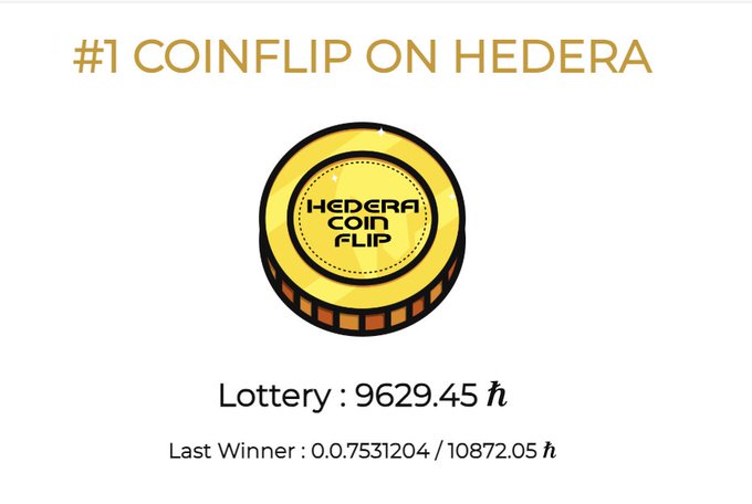A graphic titled '#1 COINFLIP ON HEDERA' featuring a gold 'HEDERA COIN FLIP' coin, with lottery at 9629.45 ħ and last winner shown as 0.7531204 / 10872.05 ħ.