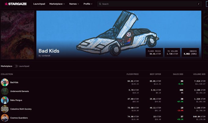 Screenshot of the Stargaze NFT marketplace showing the 'Bad Kids' collection by cor1andd with a floor price of 84.93 ATOM, along with other listed collections like Underworld Genesis and Babu Pengus.