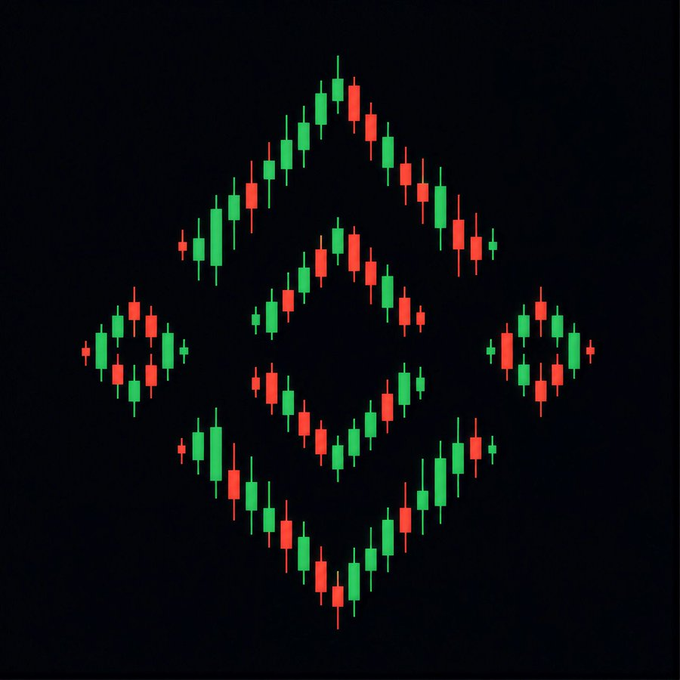 A candlestick chart showing green and red price bars arranged in a diamond-shaped pattern on a black background, illustrating a "Diamond" or "Diamond Top" technical chart pattern.