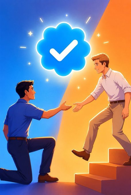 An illustration of two men, one kneeling and one standing on stairs, reaching out to shake hands, with a large blue flower-like checkmark symbol floating between them against a split blue and orange background.