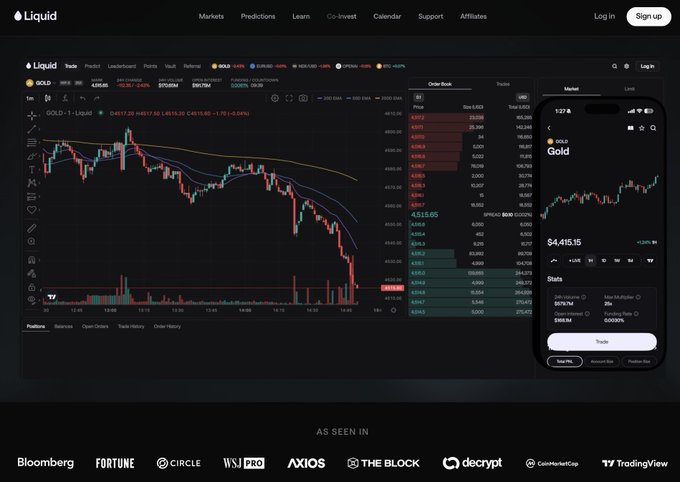 A screenshot of a trading platform called 'Liquid' showing a detailed candlestick chart and order book for 'Gold' (XAU/USD), alongside a mobile phone interface displaying Gold's current stats, with media logos like Bloomberg, Fortune, and WSJ Pro at the bottom.