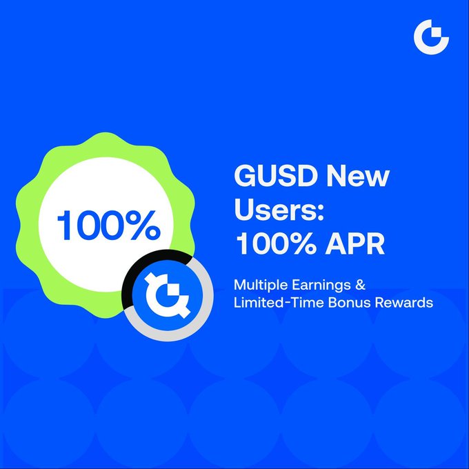 A promotional graphic for Gate.io featuring a green "100%" badge alongside text reading "GUSD New Users: 100% APR" and "Multiple Earnings & Limited-Time Bonus Rewards," highlighting the platform's new user GUSD minting bonus campaign with up to 100% APR and additional Launchpool rewards.