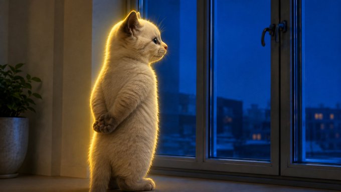 A small, cream-colored kitten stands upright on its hind legs on a windowsill at night, looking out the window with city lights visible in the distance and warm light glowing around its fur.