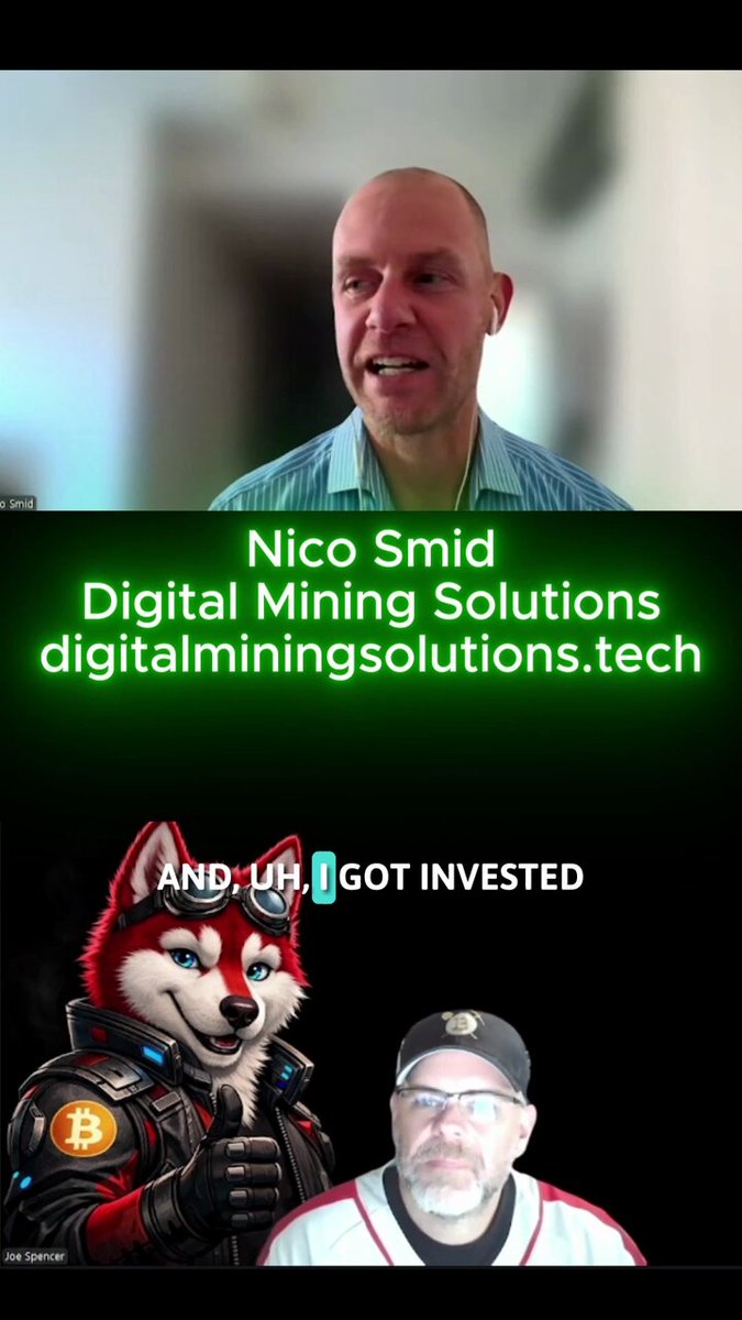 The image features two men sitting next to each other, one of whom appears to be a cartoon character wearing a suit and tie. The man on the left side of the image has a beard and is wearing glasses. They are both talking about Bitcoin mining operations and digital mining solutions.
