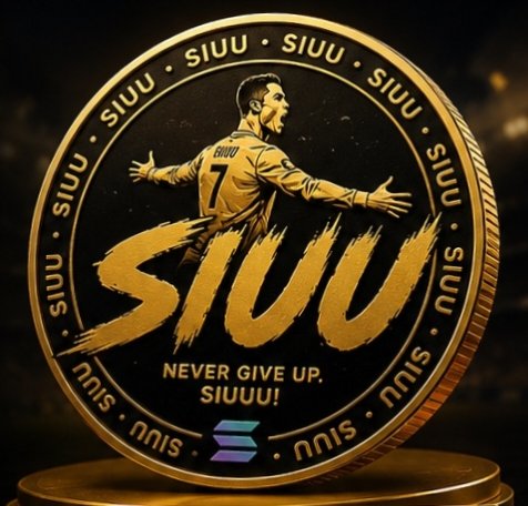 A golden commemorative SIUU coin featuring Cristiano Ronaldo in his iconic celebration pose, with the text 'SIUU,' 'Never give up. SIUUU!,' and Solana branding.
