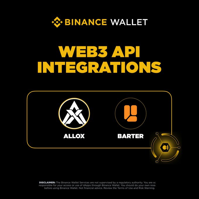 A Binance Wallet promotional graphic for Web3 API Integrations featuring logos for ALLOX and BARTER on a black background.