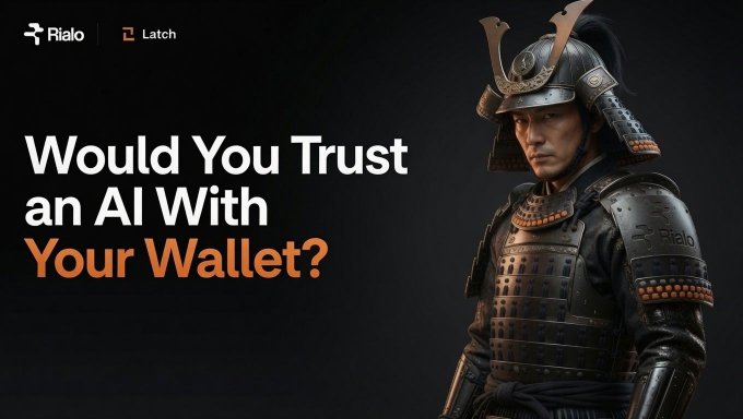 An advertisement featuring a samurai in armor with "Rialo" and "Latch" logos, posing the question "Would You Trust an AI With Your Wallet?" in white and orange text.