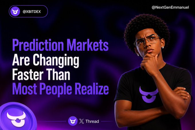 A graphic for XBITDEX (@XBITDEX) features a man in glasses and a branded t-shirt with the text 'Prediction Markets Are Changing Faster Than Most People Realize' and a 'Thread' button.