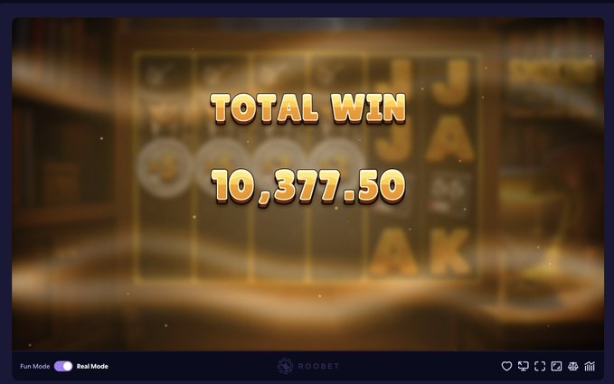 A Roobet slot machine displays a "TOTAL WIN" of 10,377.50 in Real Mode, celebrating a big payout that the user is excited to share and plans to tip others with.