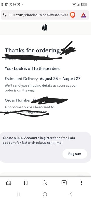 A Lulu.com order confirmation for a book, with delivery estimated August 23 – August 27.