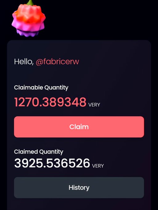 A dark-themed app interface showing a token claim screen for user @fabricerw, displaying a Claimable Quantity of 1270.389348 VERY and a Claimed Quantity of 3925.536526 VERY, with Claim and History buttons.